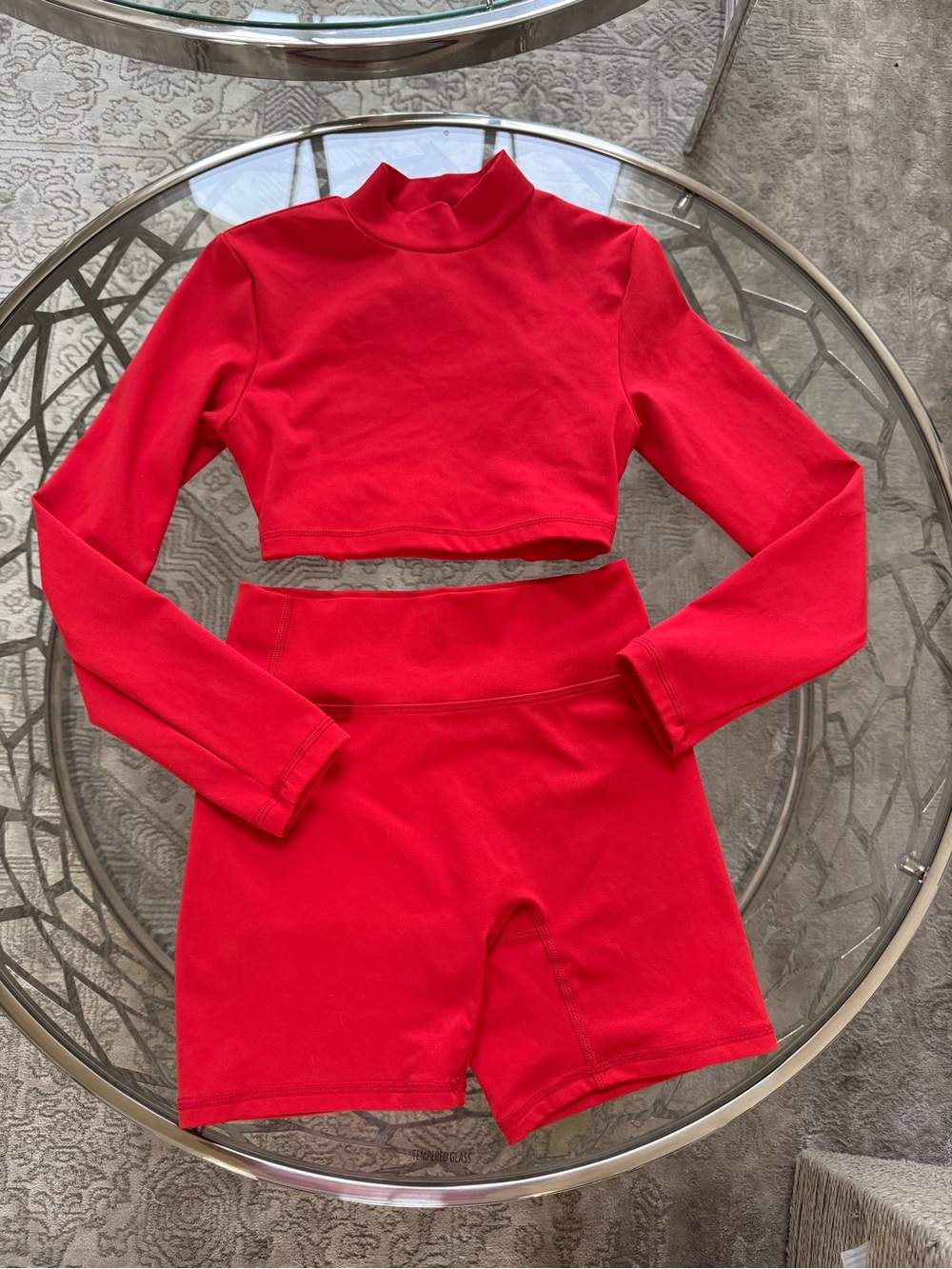Cloud 9 Red Two-Piece Long Sleeve Crop Top & High-Waist Bike Shorts Set CM